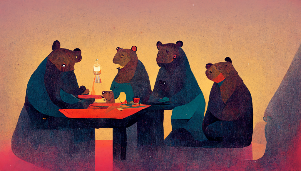 four bears around a table created with midjourney