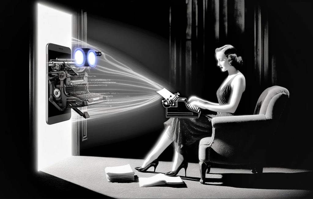DALL·E-2024-02-21-08.17.36-Refine-the-cinematic-Hollywood-noir-image-from-the-1930s-to-include-the-AI-chatbot-elements-used-previously.-The-scene-remains-in-black-and-white-ph